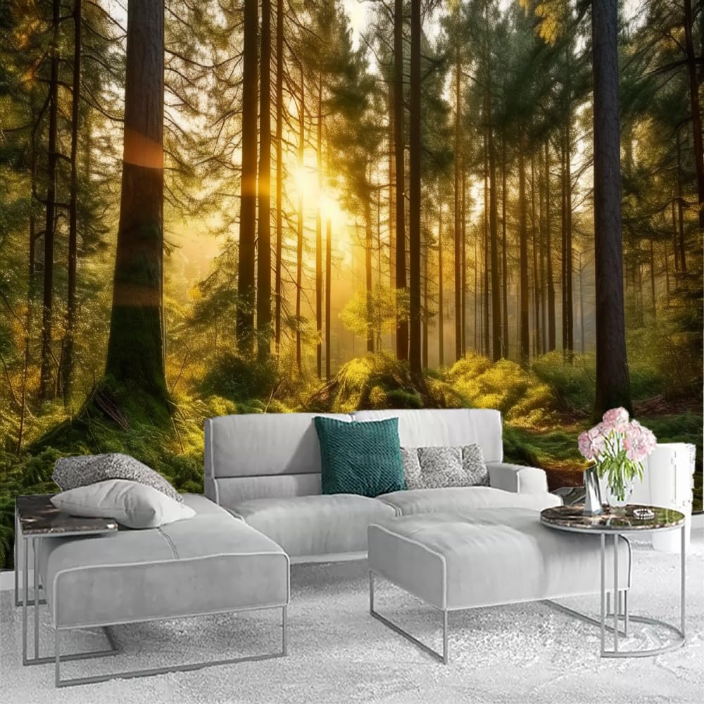QIWUCA Forest Trees Wall Mural for Living Room, Sunset in The Woods Render Illustration Wall Paper, Nature Scenery Removable Wallpaper Wall Sticker for Bedroom (Not Peel n' Stick)-70