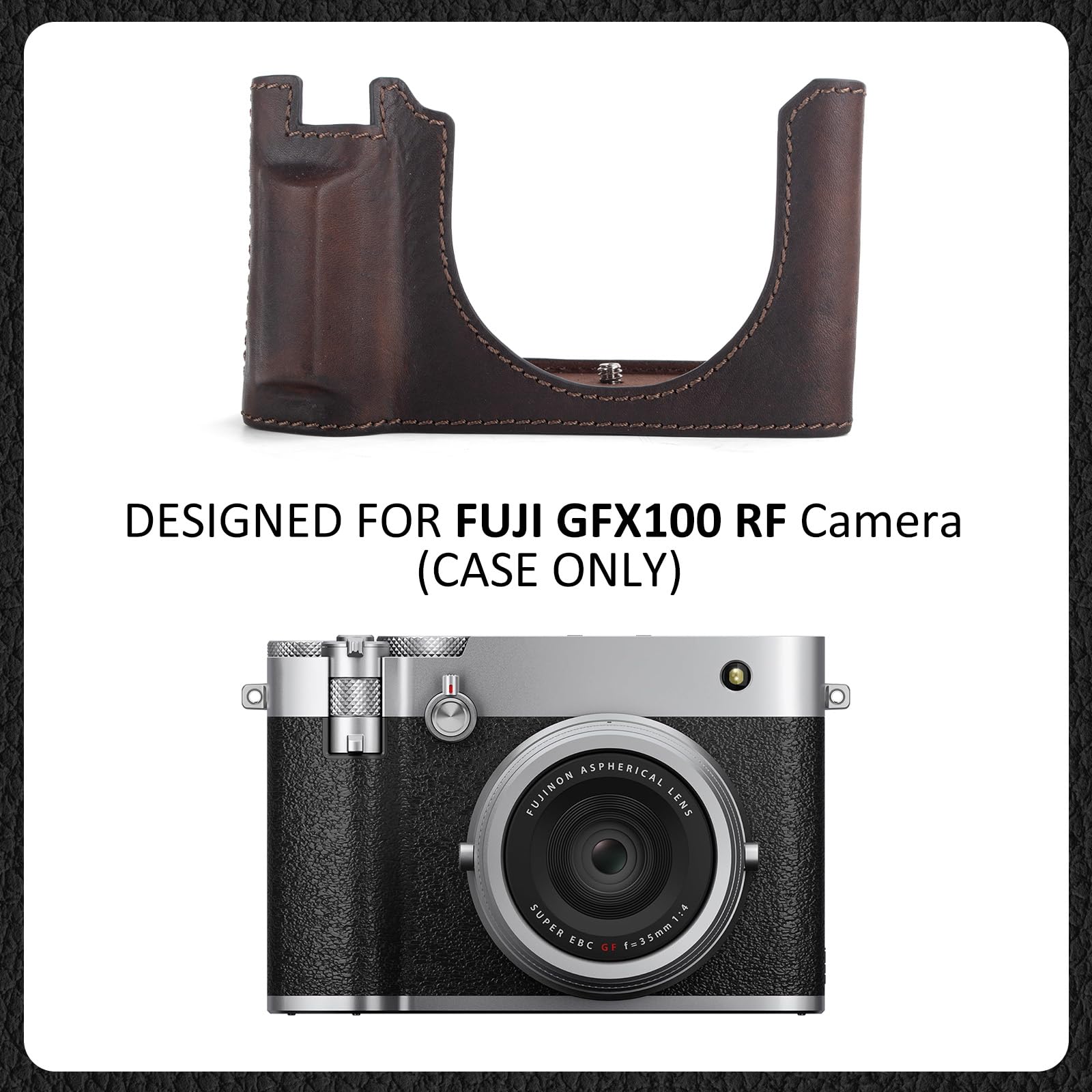 MUZIRI KINOKOO Etui Fuji GFX100 RF, etui ochronne z prawdziwej skóry kompatybilne z aparatem cyfrowym Fuji GFX100 RF/GFX100RF - z otworem na dole i uchwytem na rękę - kawowe