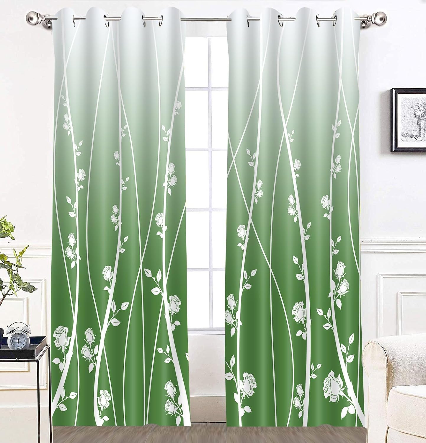 Gradient Blackout Curtain Bohemian Modern Plant Flower Rose Curtain for Living Room Bedroom Office Window Decoration 52x63 Inches（Blue） CLLSMN312