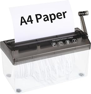 A4 Paper Manual Shredder - Black Portable Mini Paper Grinder Capacity 3L for A4 Files Documents Straight Cutting Tool Home Office Desktop Supplies WD23BK
