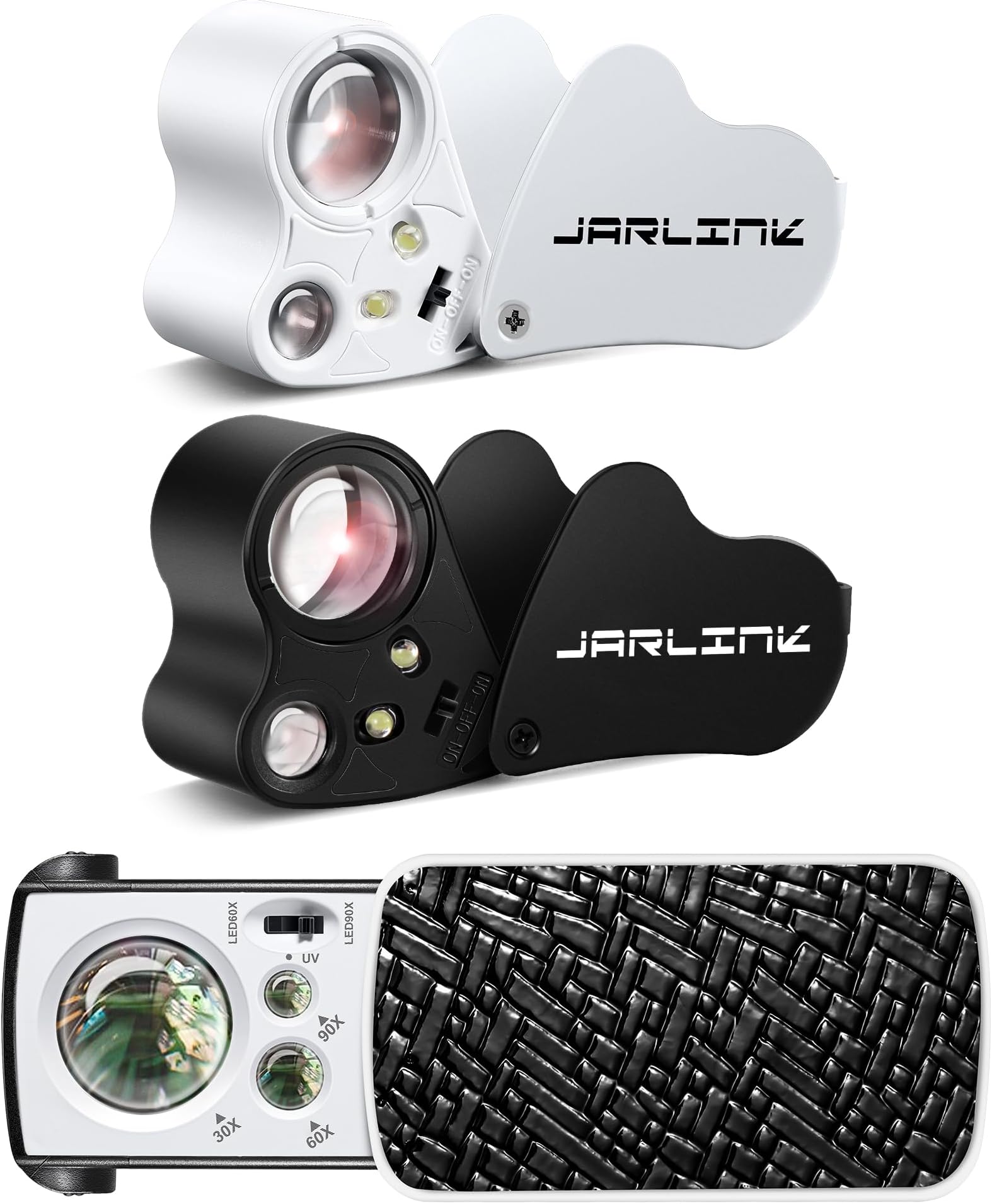 JARLINK 3 Pack Jewelers Loupe, 30X 60X 90X Illuminated Jewelers Eye Magnifier and Magnifying Glass Loop with UV Black Light and Bright LED Light for Gems, Jewelry, Diamond, Coins, Stamps