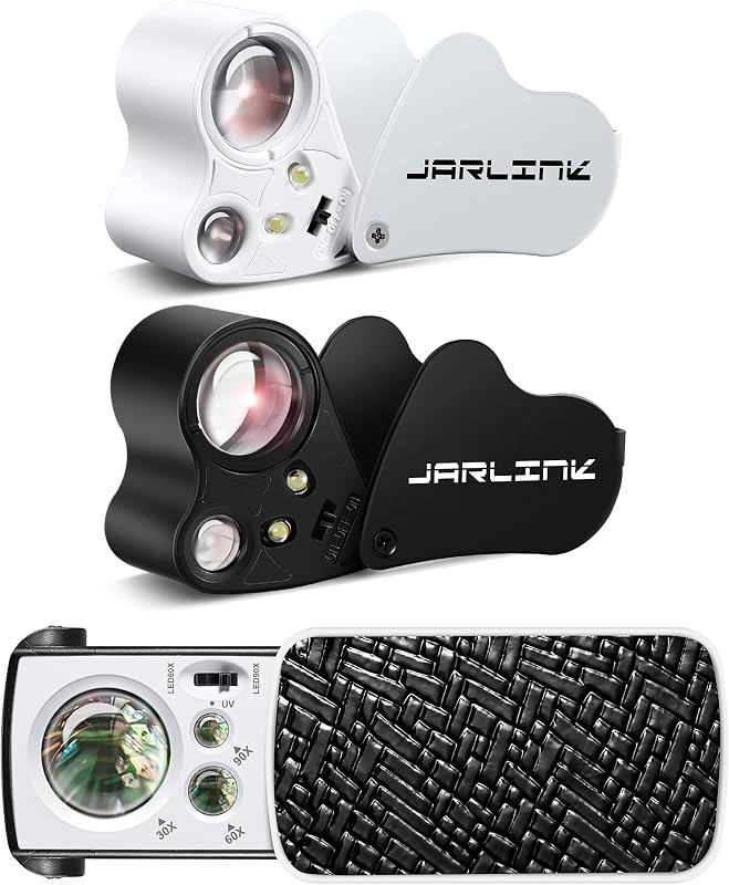 JARLINK Paquete de 3 lupas de joyería con iluminación LED UV 30X 60X 90X | Equipado con luz negra LED y UV, lupa de mano para tasación de joyas, diamantes, monedas y sellos