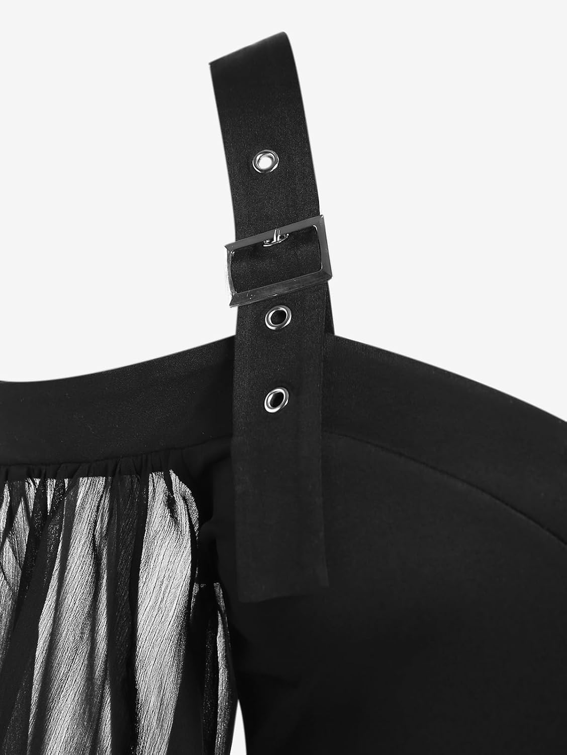 ROSE GAL Women Plus Size Gothic Top Buckle Straps Cold Shoulder Mesh Bell Sleeve Witch Halloween Costume Gothic Tee - Image 5