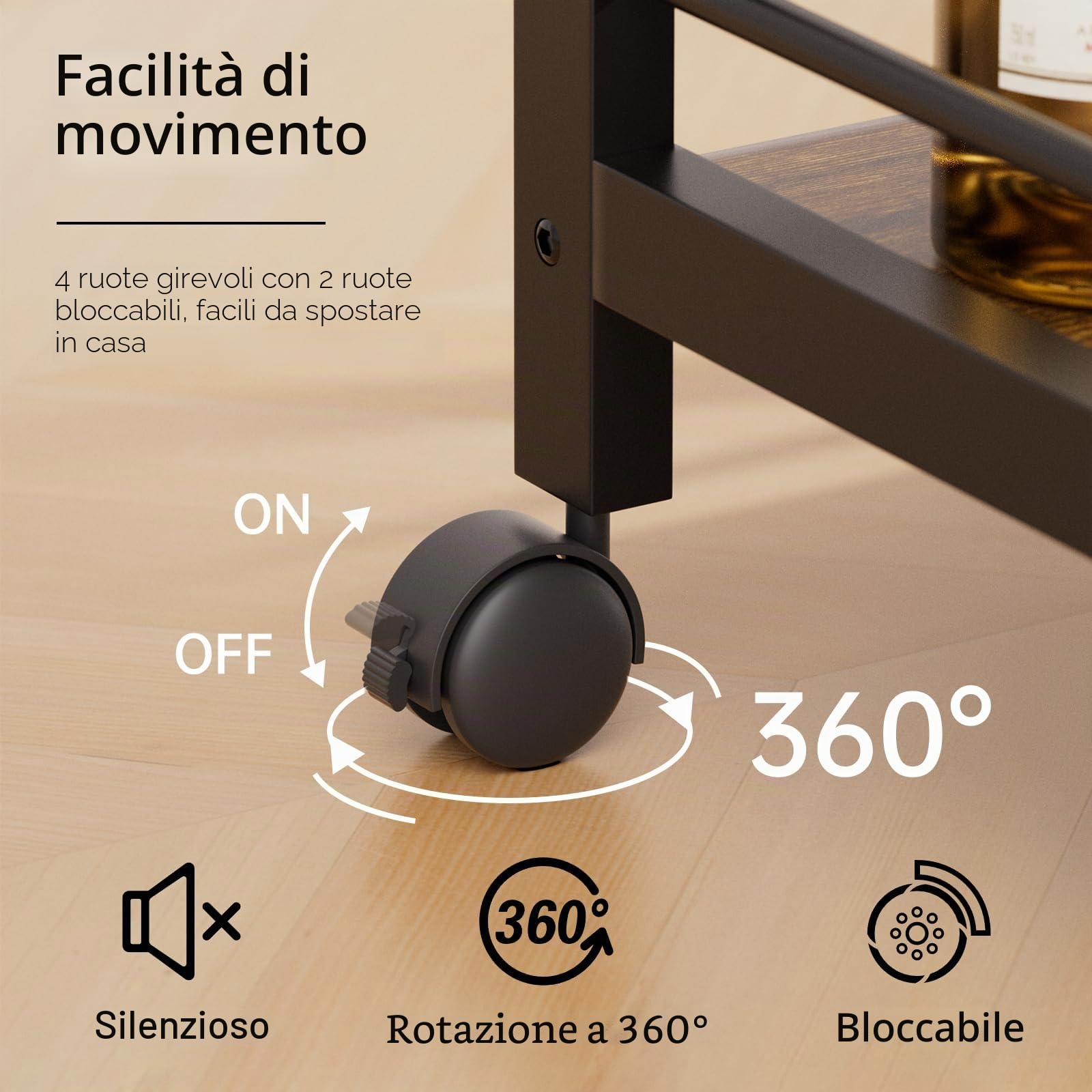 HITNET Carrello da bar, Carrello Mobile per Bevande a 3 Livelli, carrello da cucina con ruote e ripiani portaoggetti per soggiorno, cucina, feste, Marrone rustico e nero