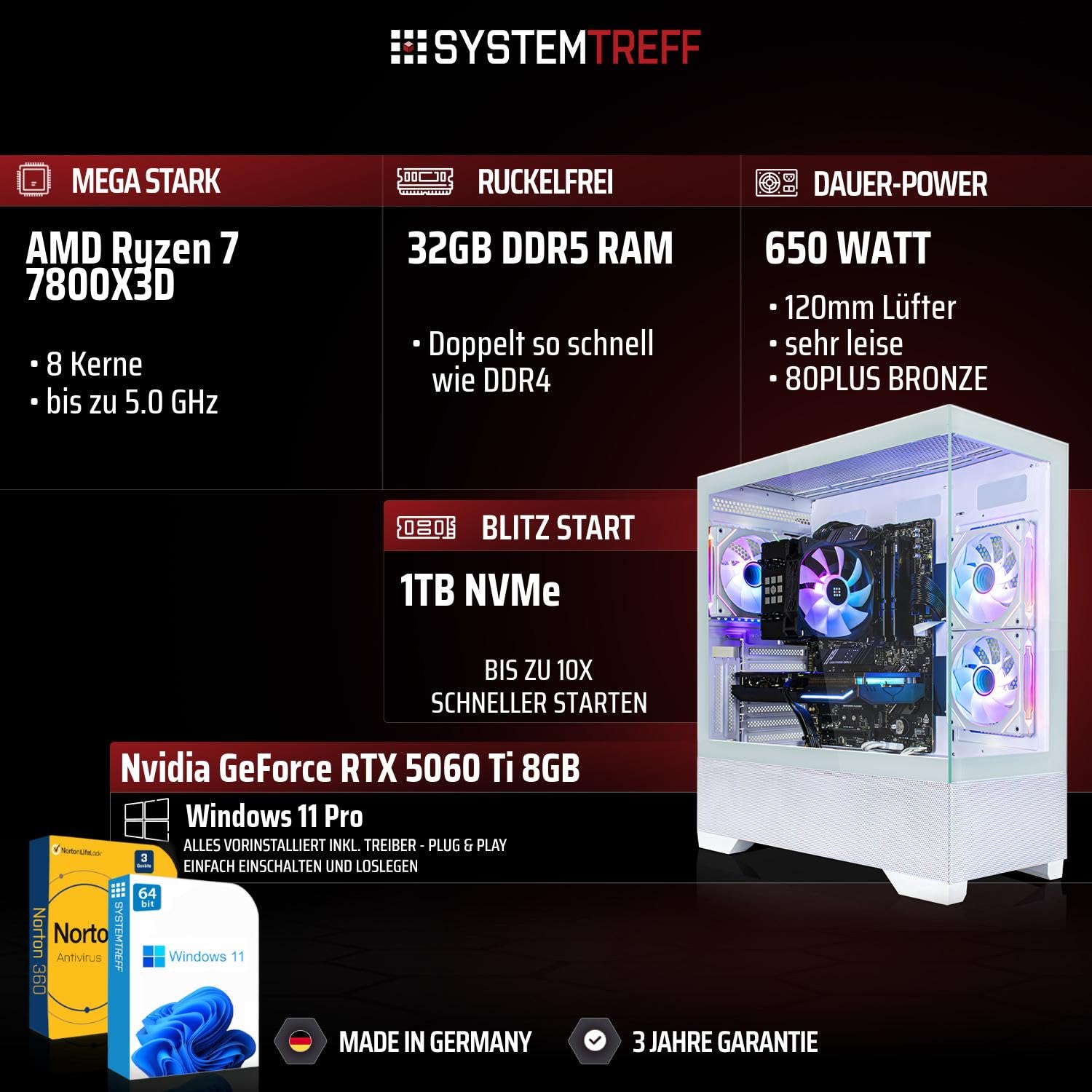 SYSTEMTREFF Gaming PC weiß AMD Ryzen 7 7800X3D 8x5GHz | Nvidia RTX 5060 Ti 8GB DX12 | 1TB M.2 NVMe | 32GB DDR5 RAM | Windows 11 | WLAN Desktop Computer Rechner für Gamer, Zocker & Streamer