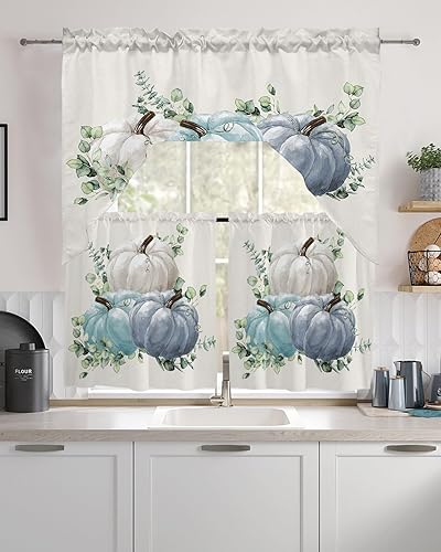 Juego de 3 cortinas y cenefas de cocina, cortinas cortas de otoño de Acción de Gracias, acuarela, con bolsillo para cortinero, decoración de