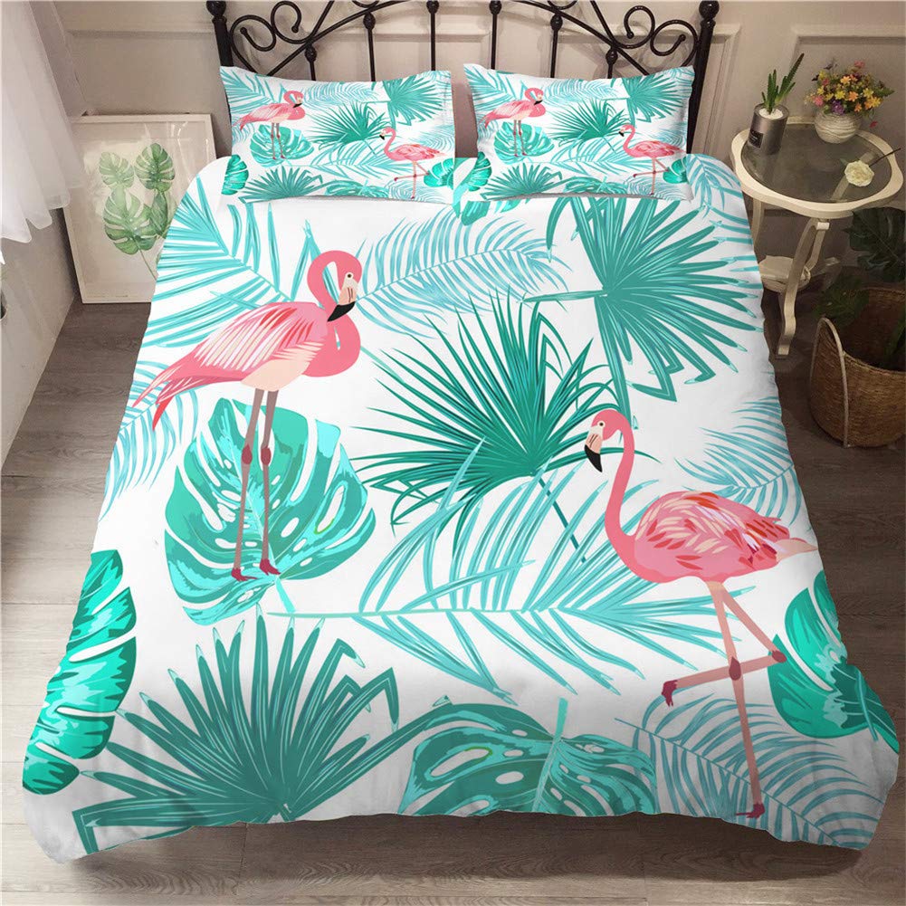 Parure de lit 4 pièces flamant vert 220x240cm en microfibre douce avec housse et drap