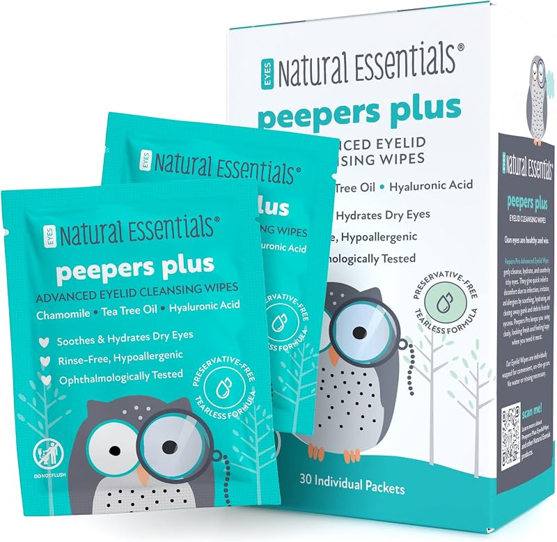 Peepers Plus Eyelid Wipes by Natural Essentials, Preservative-Free & Rinse-Free Eye Wipes for Daily Use, Hydrating & Moisturizing Hyaluronic Acid & Tea Tree Oil Soothes Allergy Dry Eyes, 30 Count
