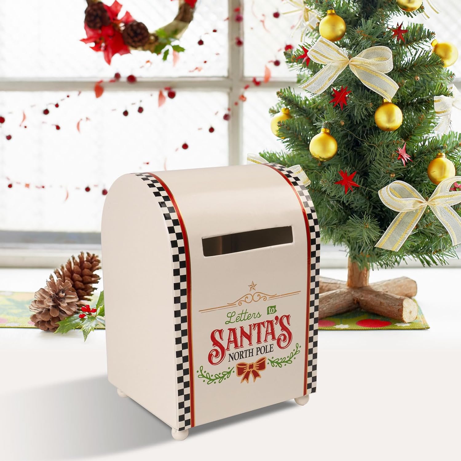 Letters to Santa Mailbox Christmas Decor, 5.5×7.5 Inch Metal Xmas Letter Mail Box, North Pole Delivery Kids Gift Wish List, Holiday Indoor Table Shelf Mantel Black White Checkered Home Decorations