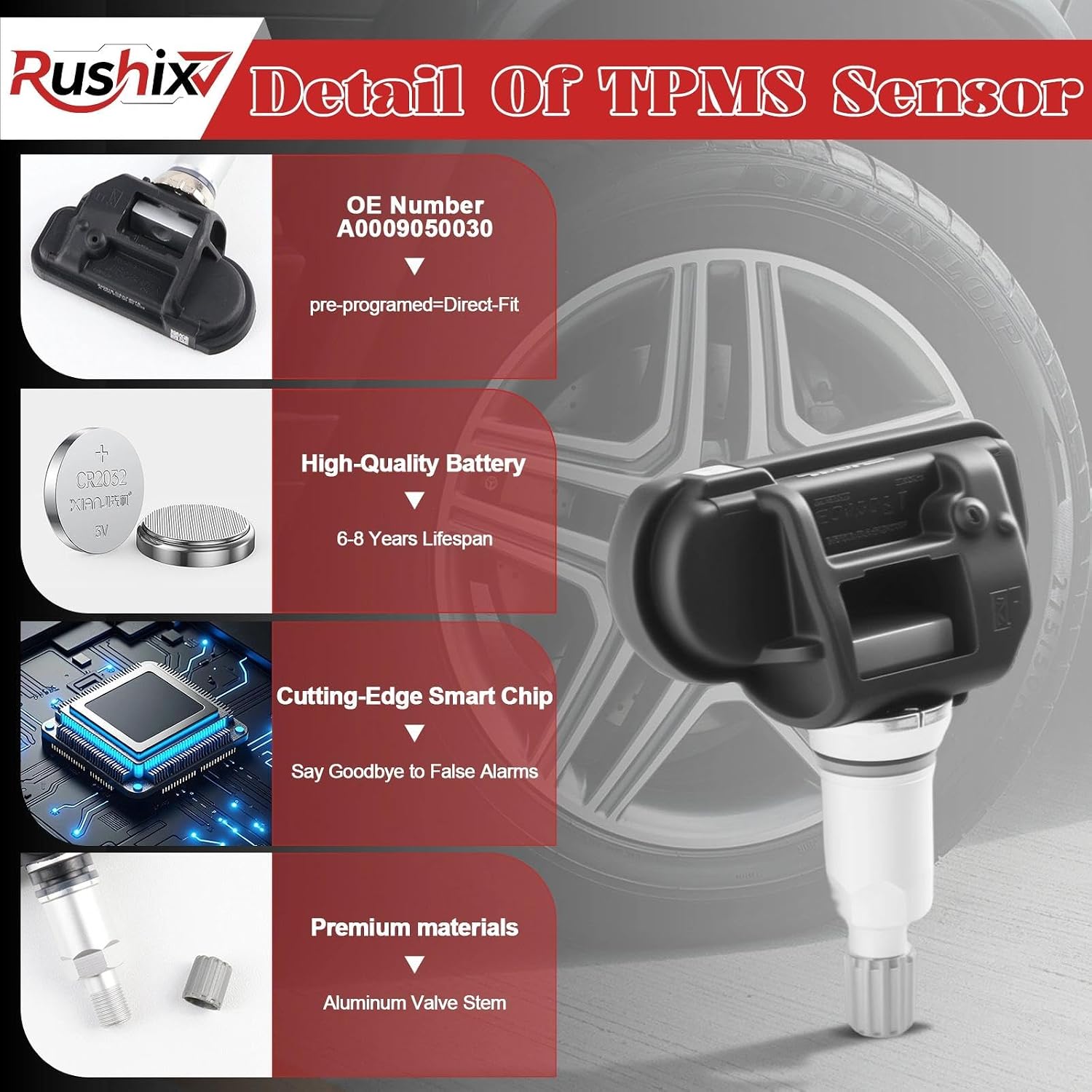 A0009050030 Upgraded 433MHZ TPMS Sensor Fits for:-Mercedes-Benz C300 2008-2014, E350 2010-2014, ML350 2010-2014, GL450 2010-2014, Tire Pressure Monitoring System Sensor-4PCS