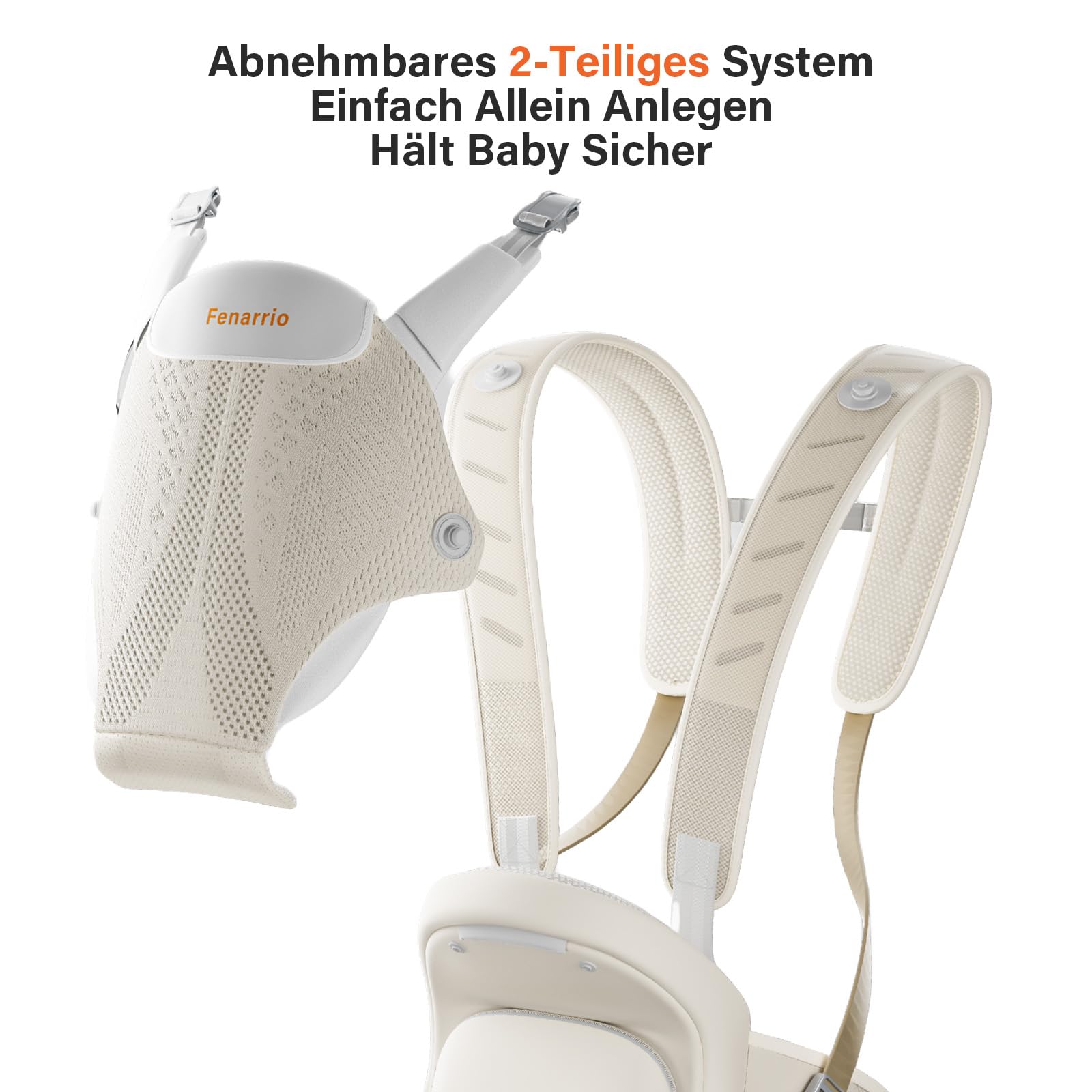 Ergonomische Babytrage mit Hüftsitz, 4D-Gitterpolsterung, Modulares 2-teiliges Tragesystem, Front-Magnetverschluss, Atmungsaktiv, Für verschiedene Tragepositionen Beige