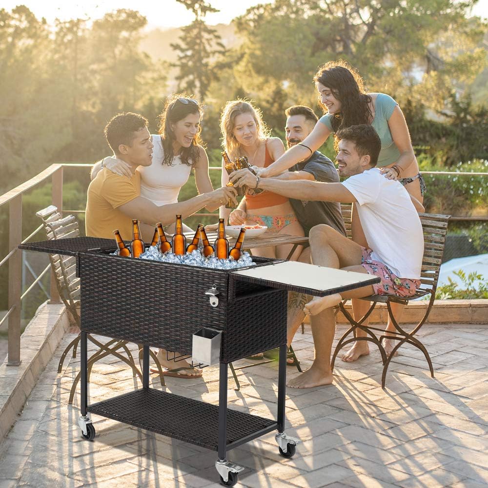 80 Quart Outdoor Patio Cooler Portable Rolling Patio Cooler with Wheels, Outdoor Steel Rolling Cooler Cart Ice Chest Beverage Rolling Cooler Outdoor Kitchen Cooling Bins for Backyard Deck Party Bar
