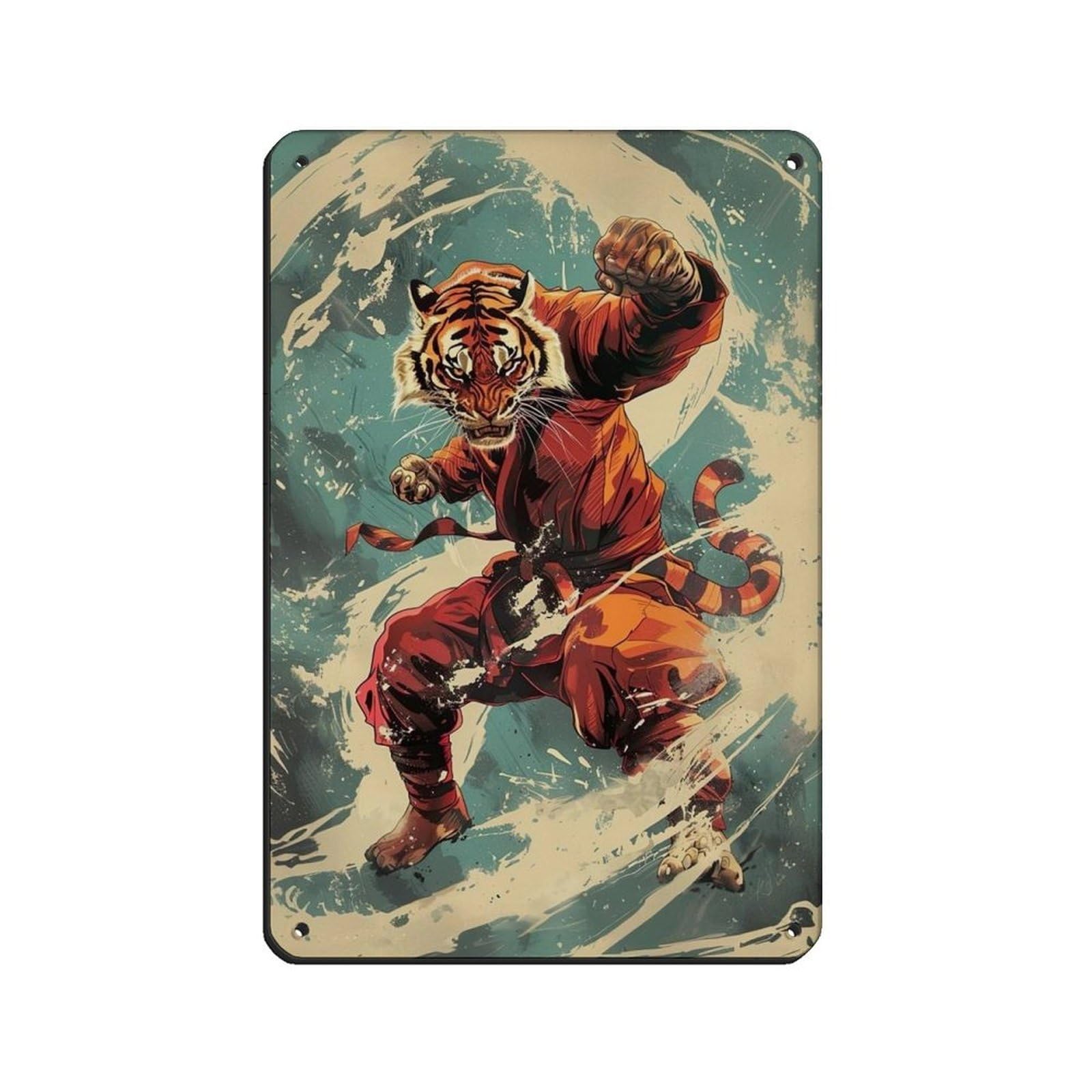 Lxwnze 20L X 30W Cm Ninja Tiger Throwing A Karate Kick, Tin Sign Vintage Metal Pub Club Cafe Bar Home Wall Art Decoration Poster Retro 8X12inch(20X30cm)