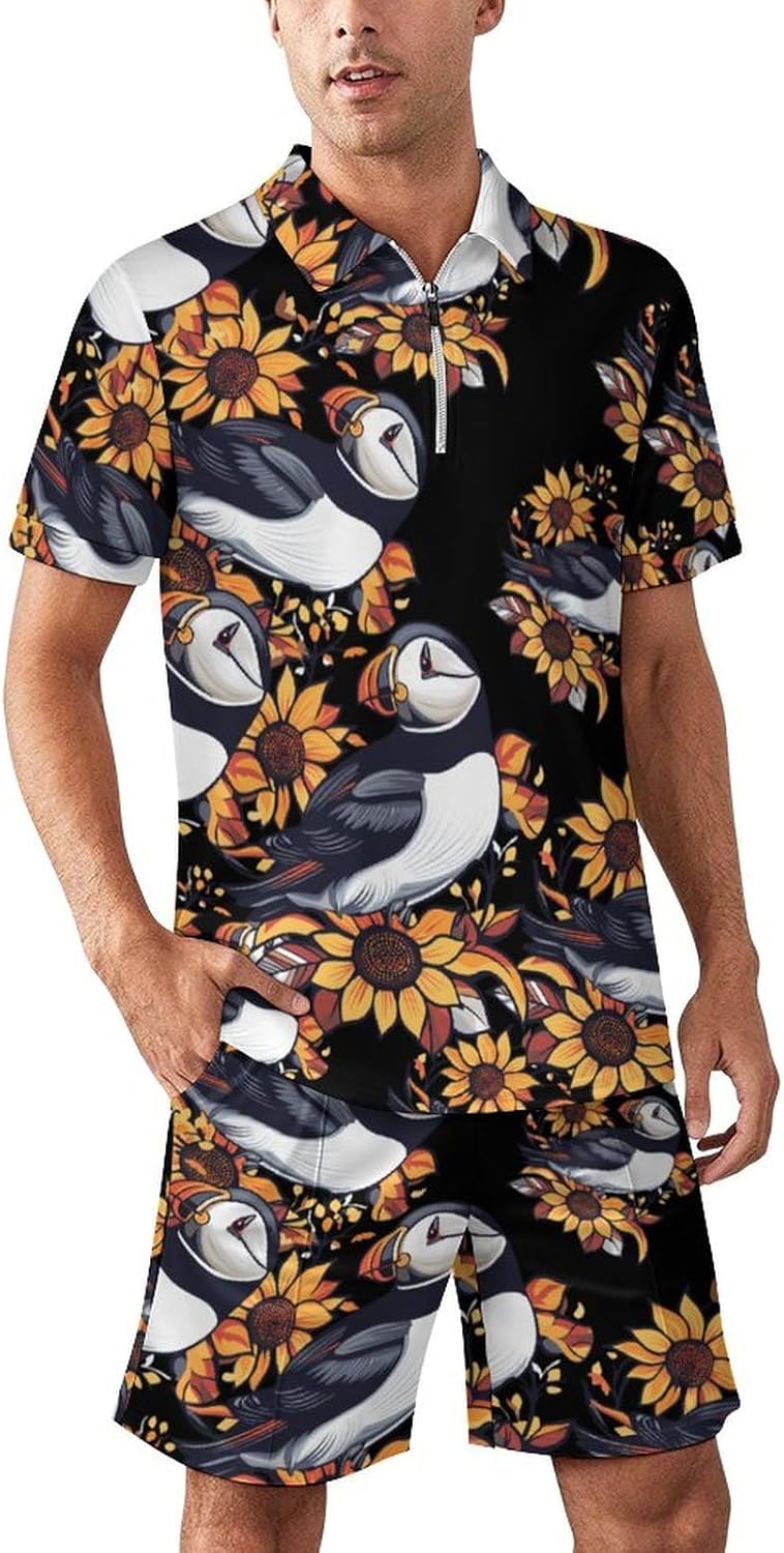 Puffines Bird Sunflower Mens Polo Shirts Track Suits 2 Piece Short Sleeve Sweatsuit 1/4 Zip Golf Loungewear for Sports