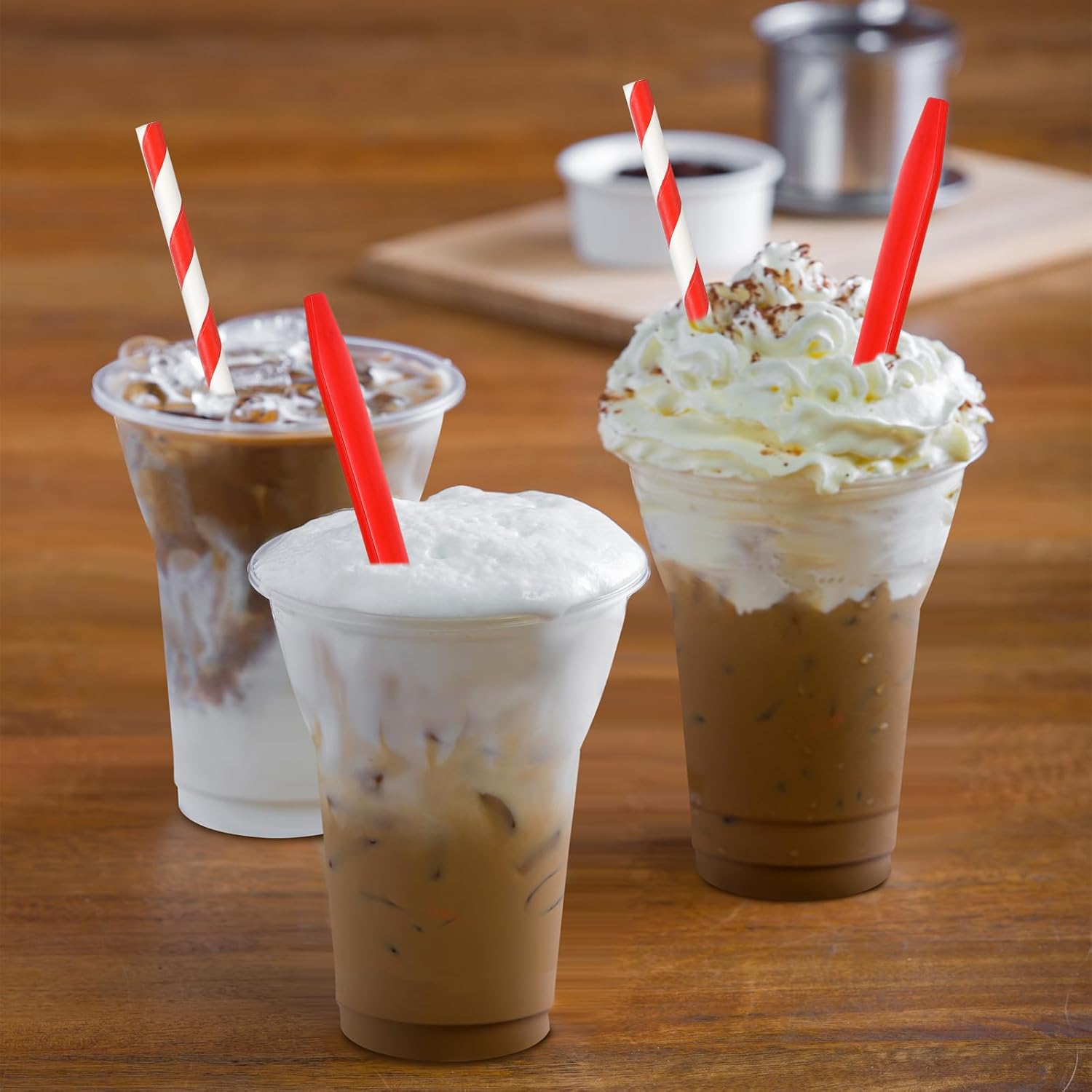 Baderke 100 Sets Plastic Parfait Cups with Red Plastic Soda Spoons and Paper Straws Disposable Root Beer Float Cups Clear Milkshake Mugs for Ice Cream Sundae Yogurt Party Drinks (12oz)