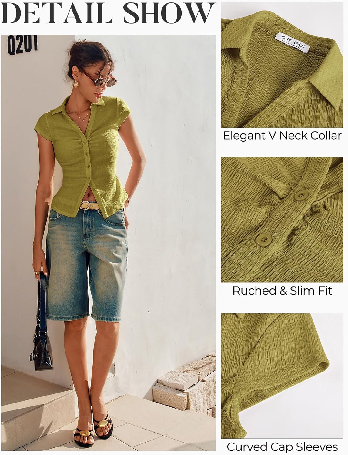Kate Kasin Women Button Down Textured Blouse, V-Neck Ruched Tops with Y2K Collar, Slim Fit Cap Sleeve Going Out Casual Shirt - Image 4