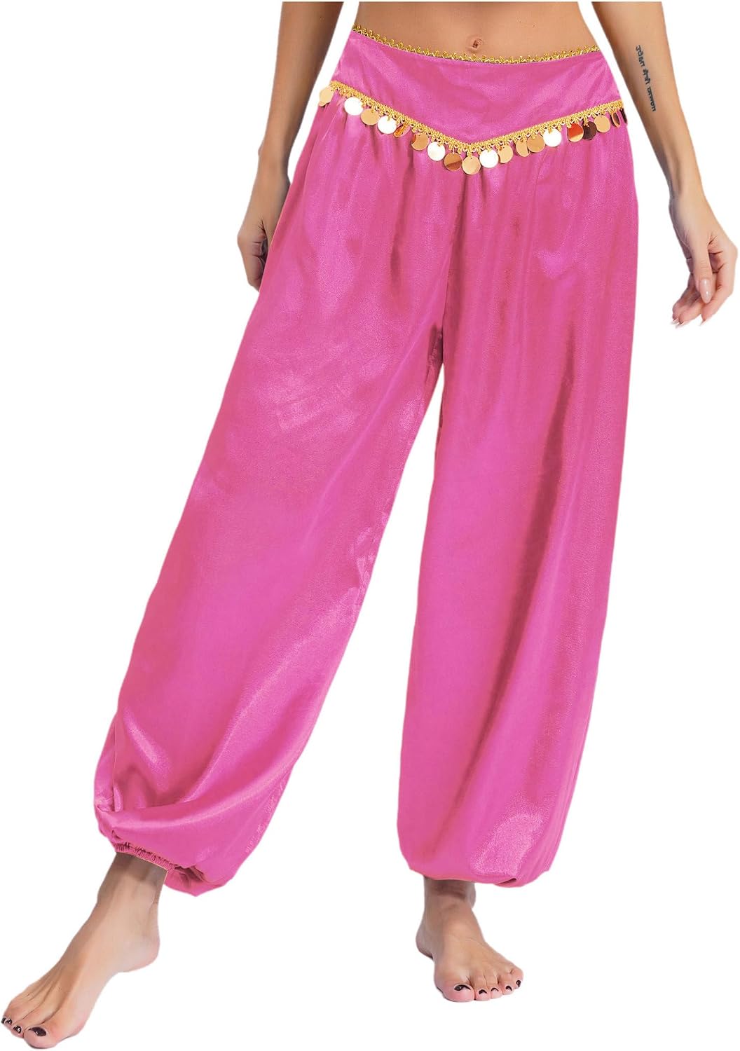 Sywiyi Women's Long Bloomers Satin Harem Pants for Belly Dance Costume Arabian Princess Beaded Baggy Trousers