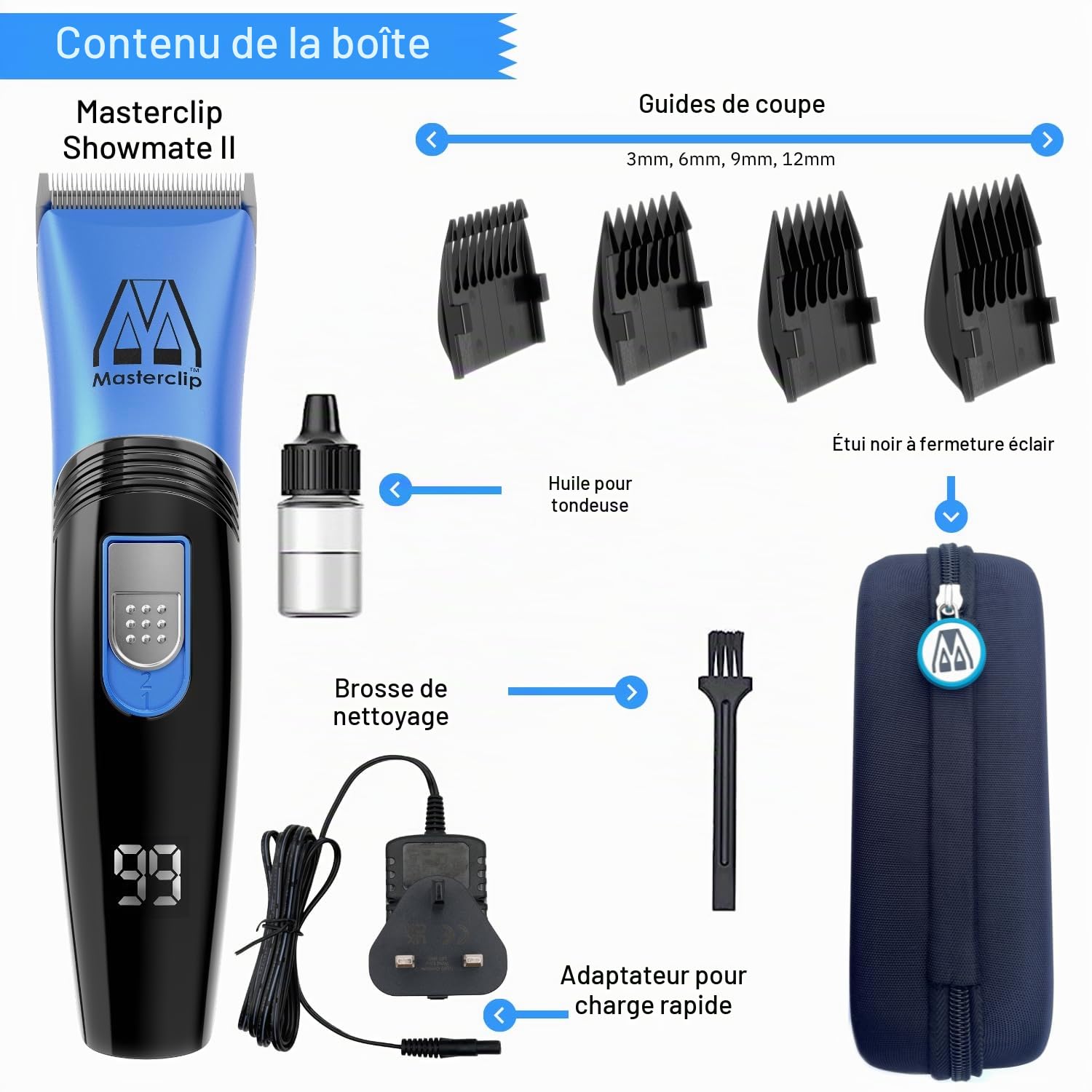 Masterclip Tondeuse sans fil pour cheval,Ultra silencieuse,Kit de toilettage professionnel avec tondeuse légère,Tondeuse Showmate II rechargeable pour couper les chevaux et poneys (Showmate-II-Bleu)
