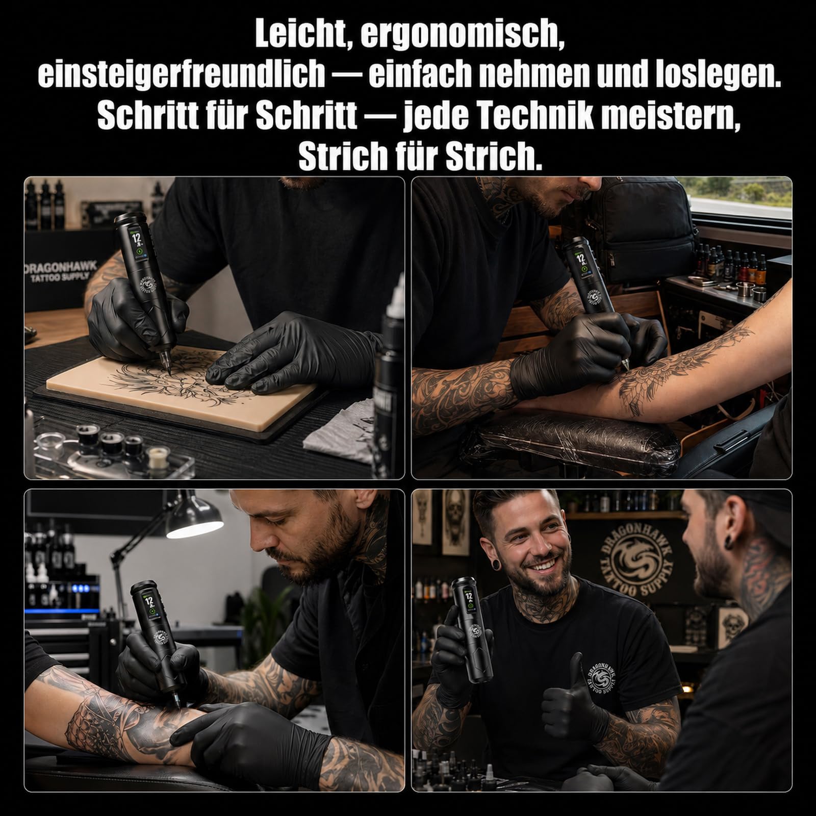 Dragonhawk A1 Pro Tattoo Maschine Set, 4,0 mm Hublänge,2000mAh Akku | Kabellose Tätowiermaschine,2000mAh Akku,20 Nadeln Für Linien & Schattierung auf Übungshaut Ideal für Anfänger