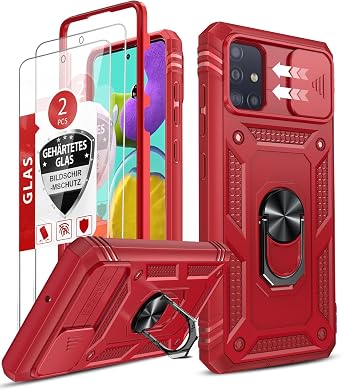 LeYi Compatible for Samsung Galaxy A51 Phone Case A51 Case with Slide Camera Cover + [2 Packs] Screen Protector, 360 Full Body Military-Grade with Kickstand for A51 Phone Case [Not Fit A51 5G], Red