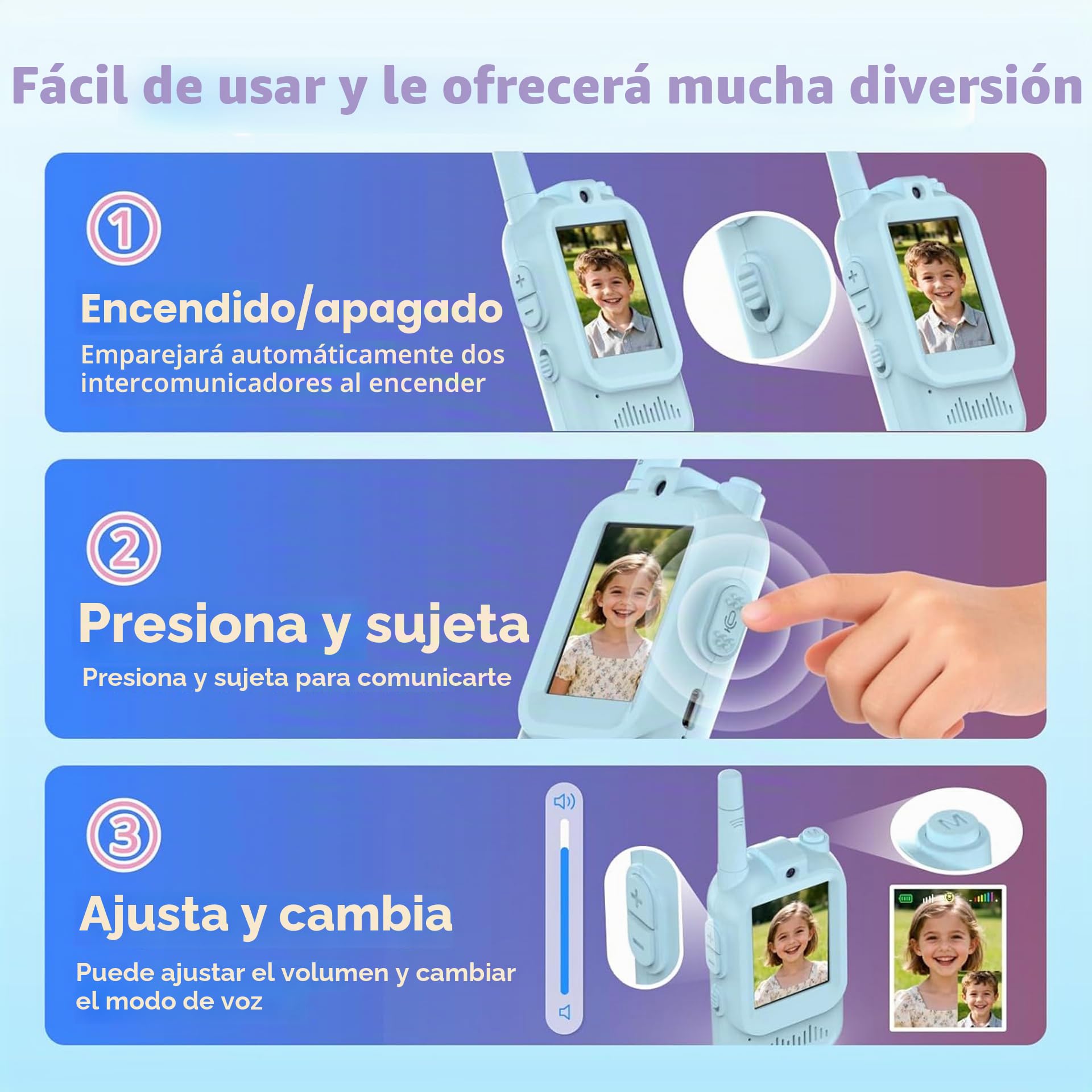 Walkie Talkie para Niños con Video, Paquete de 2 Juguetes de Regalo de Largo Alcance Recargables para Niños Pequeños Con Cámara HD y Cambiador de Voz Para Niños y Niñas de 3 a 8 Años(Pink + Blue)