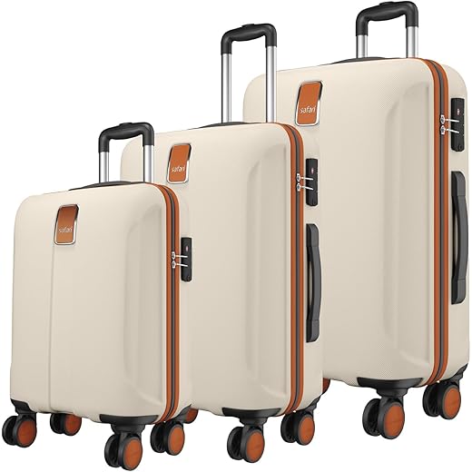 Safari Thorium Royale 8 Wheels Set of 3 Trolley Bags Hard Case Polycarbonate Luggage, TSA Lock, Wet Pouch Organized Interior, Suitcase for Travel, Trolley Bags for International Travel, Vanilla Tan