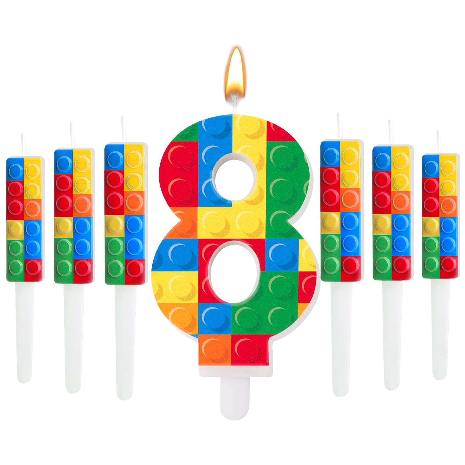 7 Pcs Building Block Themed Birthday Candles Set 6 Building Blocks Candles and 1 Number Candle Cake Topper for Building Block Party Decoration Supplies (Number 8)