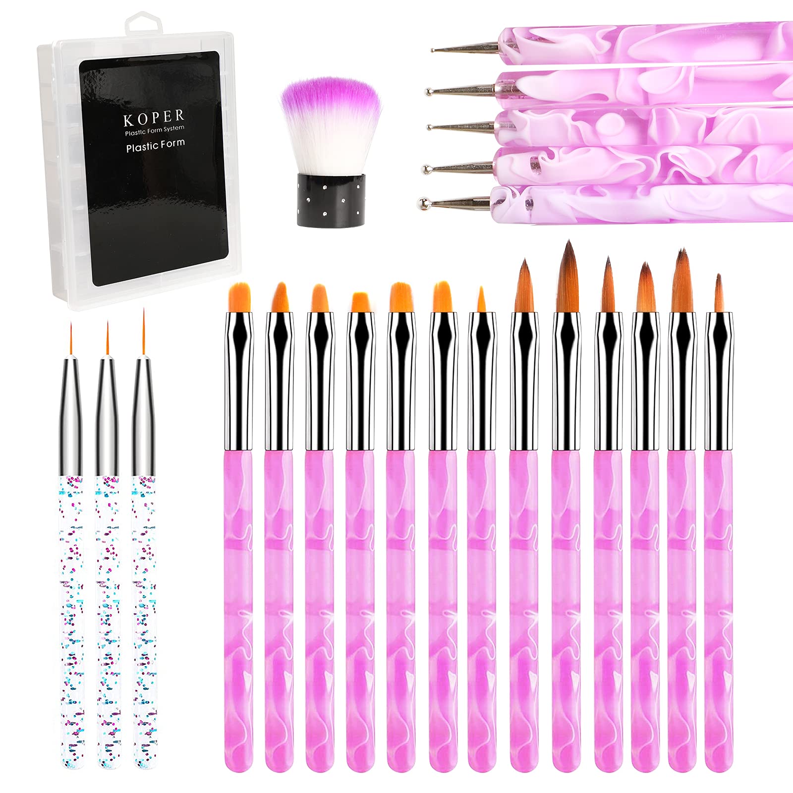 23 PCS Acrylic Nail Brush Tool Set, Nail Painting Pen Dotting Pen Nail Extension Gel Brush Drawing Pen for Nail Salon DIY, 120 U-Shaped Nail Extension Molds