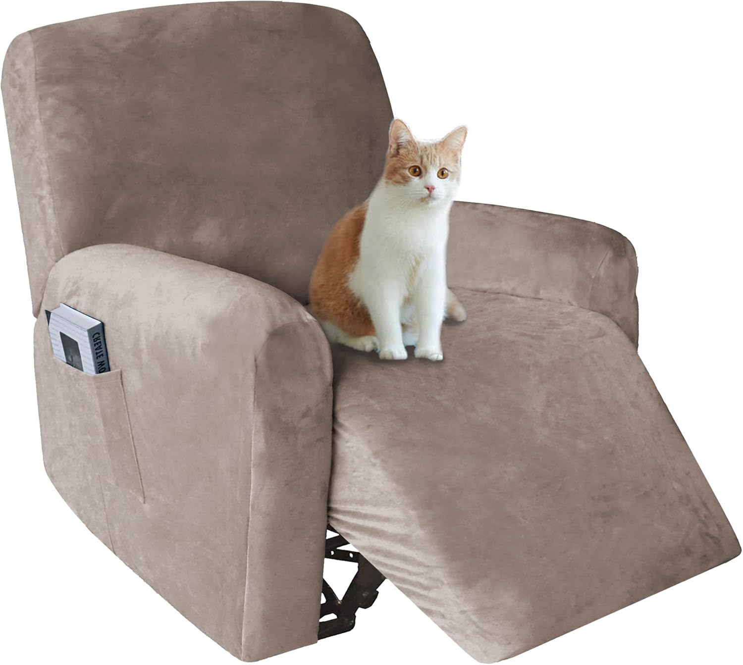 4 Pieces Stretch Velvet Recliner Chair Covers, Thick & Soft Lazy Boy Recliner Slipcover for Home Theater Chair with Side Pocket Taupe One