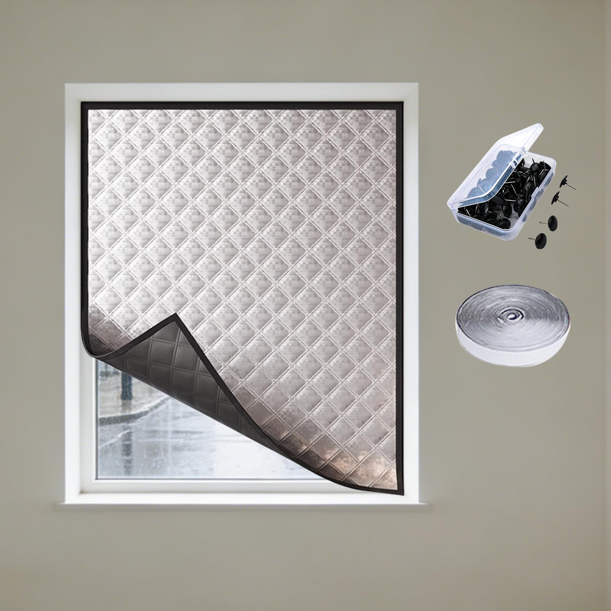 Fensterisolierungsset 60 x 220 cm Hitzeschutz Kältedämmung Isolierfolie Thermovorhang Einfache Montage Ohne Bohren für Balkontür Terrassentür, Silber