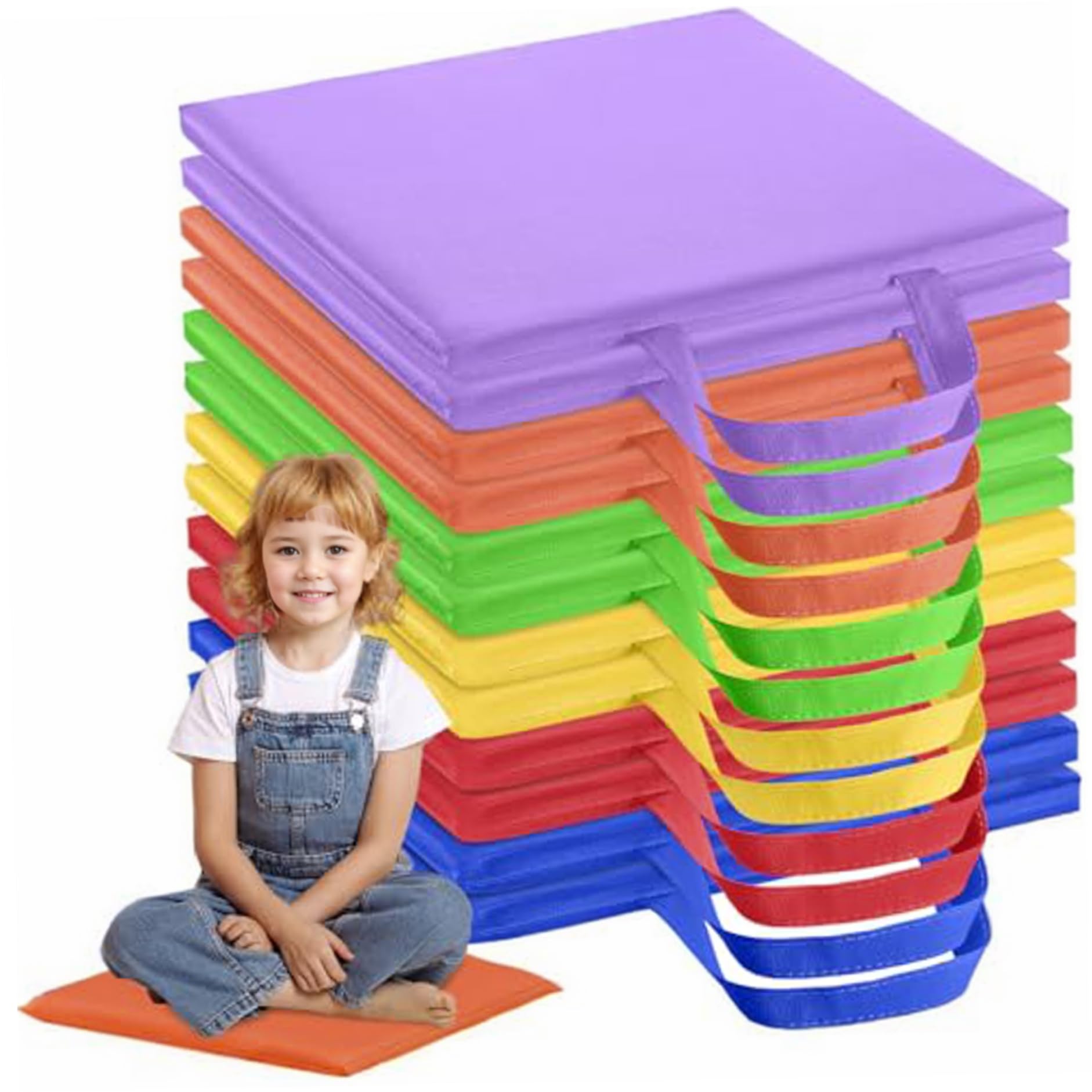 Bodenkissen für Klassenzimmer, 12pcs 12 Zoll wasserdichte Flexible Sitzplätze mit Griff, 6 Farben Rechteckige Bodensitz, Kissen für Kinder, Kindertagesstätte, Vorschule