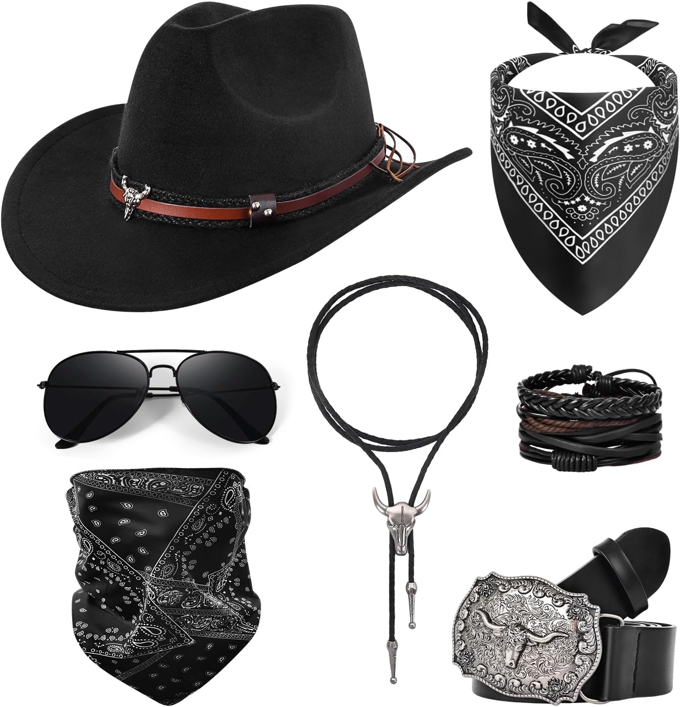 Cowboy Costume Outfit for Men Women Cowboy Hat Accessories Set, Black Western Outfit with Buckle Belt, Bandanas, Sunglasses, Necktie, Mask and Bracelet, Rodeo Halloween Cosplay Party Outfit Kit (7pcs)