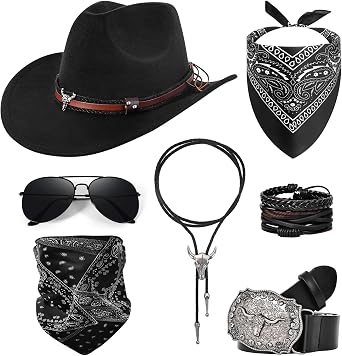 Cowboy Costume Outfit for Men Women Cowboy Hat Accessories Set, Black Western Outfit with Buckle Belt, Bandanas, Sunglasses, Necktie, Mask and Bracelet, Rodeo Halloween Cosplay Party Outfit Kit 7pcs
