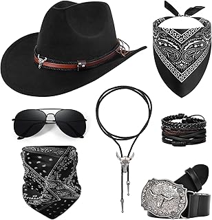 Cowboy Costume Outfit for Men Women Cowboy Hat Accessories Set, Black Western Outfit with Buckle Belt, Bandanas, Sunglasses, Necktie, Mask and Bracelet, Rodeo Halloween Cosplay Party Outfit Kit (7pcs)