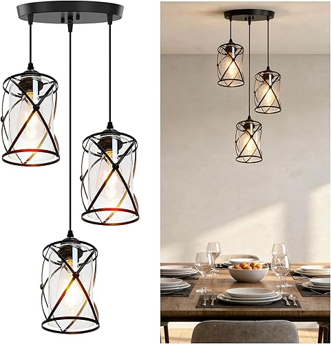 Miniatura 15 de Iluminación Colgante de 3 Luces, Luminaria Colgante Estilo Granja para Isla de Cocina y Comedor, Lámpara de Techo Industrial Vintage con Base E26,