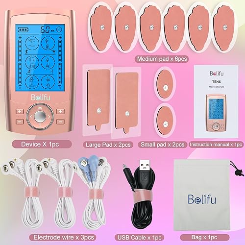 Miniatura 6 de Belifu Unidad TENS EMS de doble canal, 24 modos, estimulador muscular para terapia de alivio del dolor, masajeador electrónico de pulso con 10