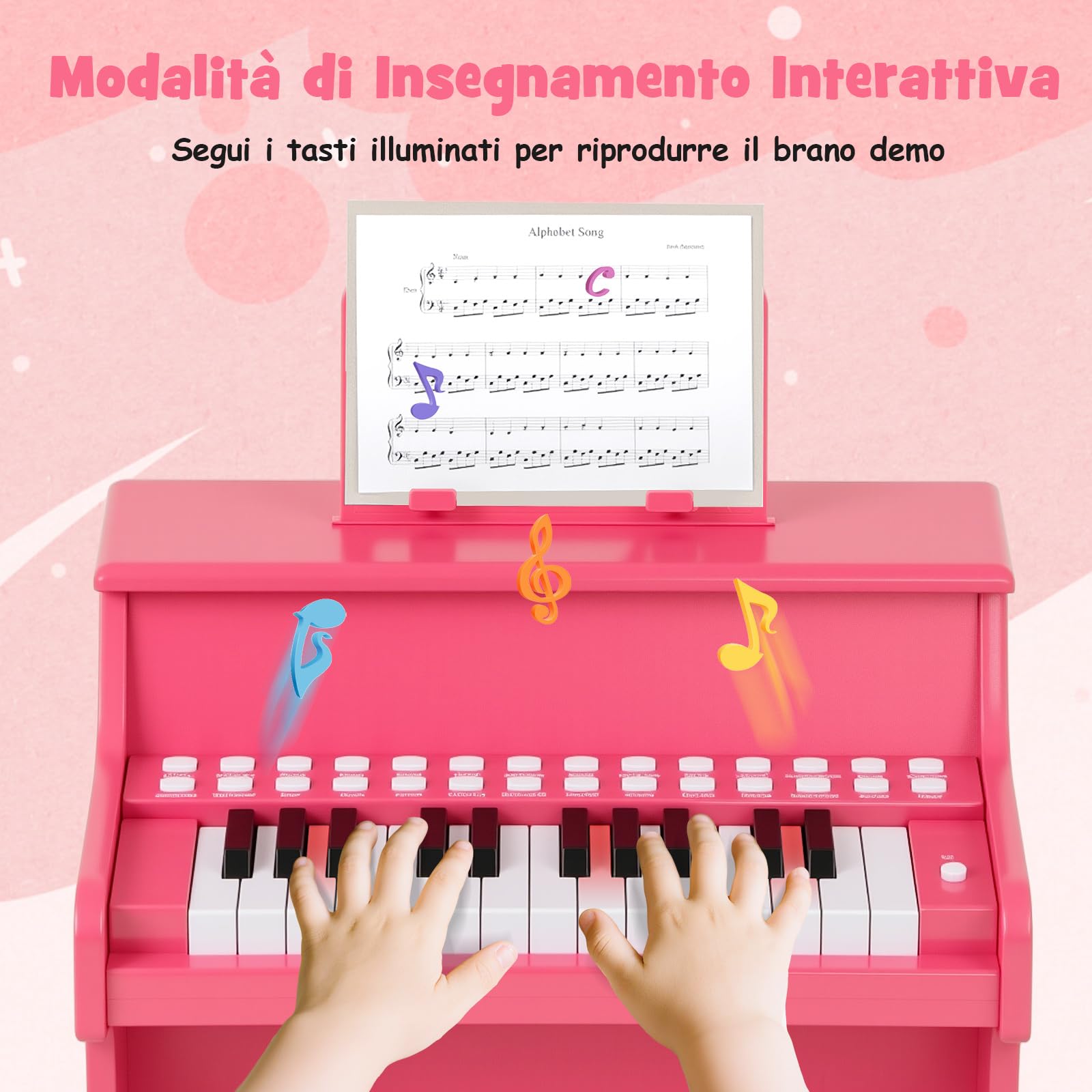 RELAX4LIFE Pianoforte per Bambini con 25 Tasti con Tasti Illuminati, Modalità Insegnamento,Portaspartiti, Funzione Registra/Riproduci, 6 Strumenti e 8 Percussioni (ROSA)