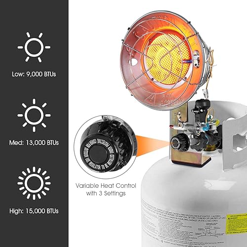 Miniatura 4 de HAPPYGRILL Calentador de tanque de propano de 15,000 BTU con ajustes de calor ajustables, calentador portátil para exteriores con interruptor de