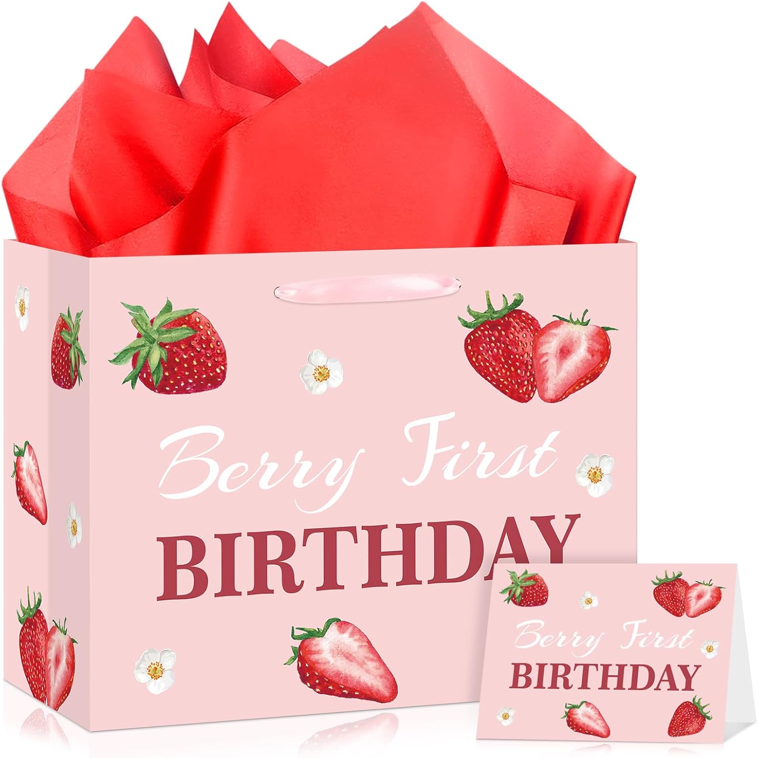 Strawberry 1st Birthday Gift Bag for Baby Girl Berry First Birthday Decorations Pink Sweet One Gift Wrapping Bag with Tissue Paper Greeting Card for Strawberry Theme Baby Shower Bday Party Supplies
