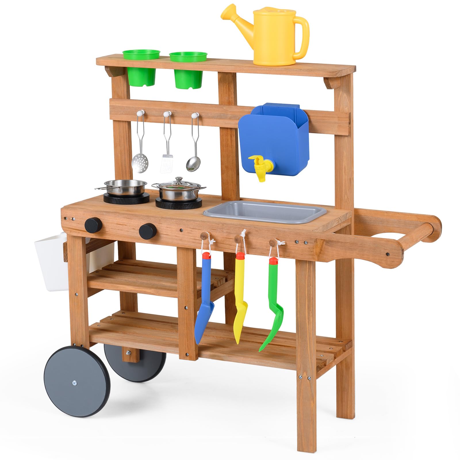 HOMASIS Cucina da Esterno per Bambini 3+ Anni, 91 x 32 x 81 cm | Cucina Giocattolo Realistica in Legno con Padella, Serbatoio, Lavandino, Vasi Removibili, Ripiani Aperti e Ruote