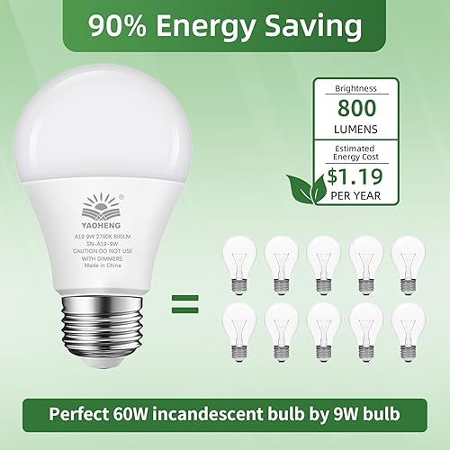 Miniatura 3 de Bombilla LED A19, bombillas LED de 9 W (equivalente a 60 W), base estándar E26, blanco cálido 2700 K, 800 lúmenes, no regulable, bombillas blancas