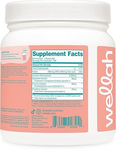 Miniatura 17 de Wellah Creatina para mujer - Monohidrato de creatina con diente de león y extracto de arándano (50 porciones, sandía granizado)