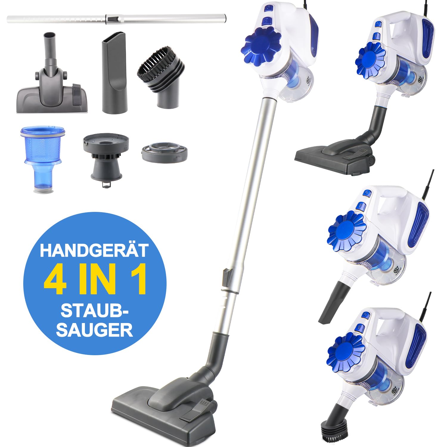 Stofzuiger met kabel, zakloos, 4-in-1 steelstofzuiger met filter, 600 W