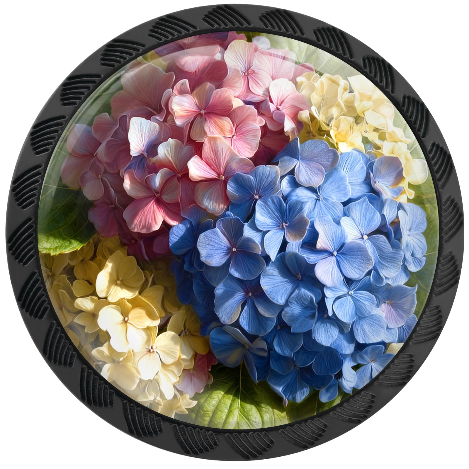 Artinhand Hydrangea Flowers 4 Pack Cabinet Knobs Round Drawer Pulls Black Dresser Knob Cupboard Door Handles Hardware For Kitchen Bathroom Cabinets