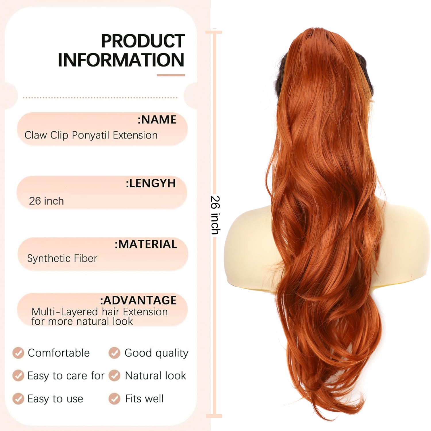 PORSMEER Ponytail Extension,Drawstring Ponytail Hair Extensions 26 Inch Long Natural Straight Wavy End Synthetic Hairpiece for Women Girls Daily Use (Ginger) - Image 3
