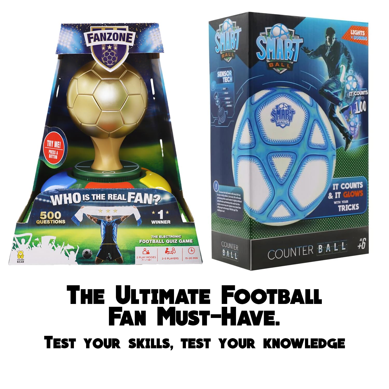 Fanzone Jeu de football et compteur de balle intelligent Pack duo sur le thème du football avec jeu de quiz rapide et football qui compte les uppies Keepy pour les fans de football. Préparez-vous pour