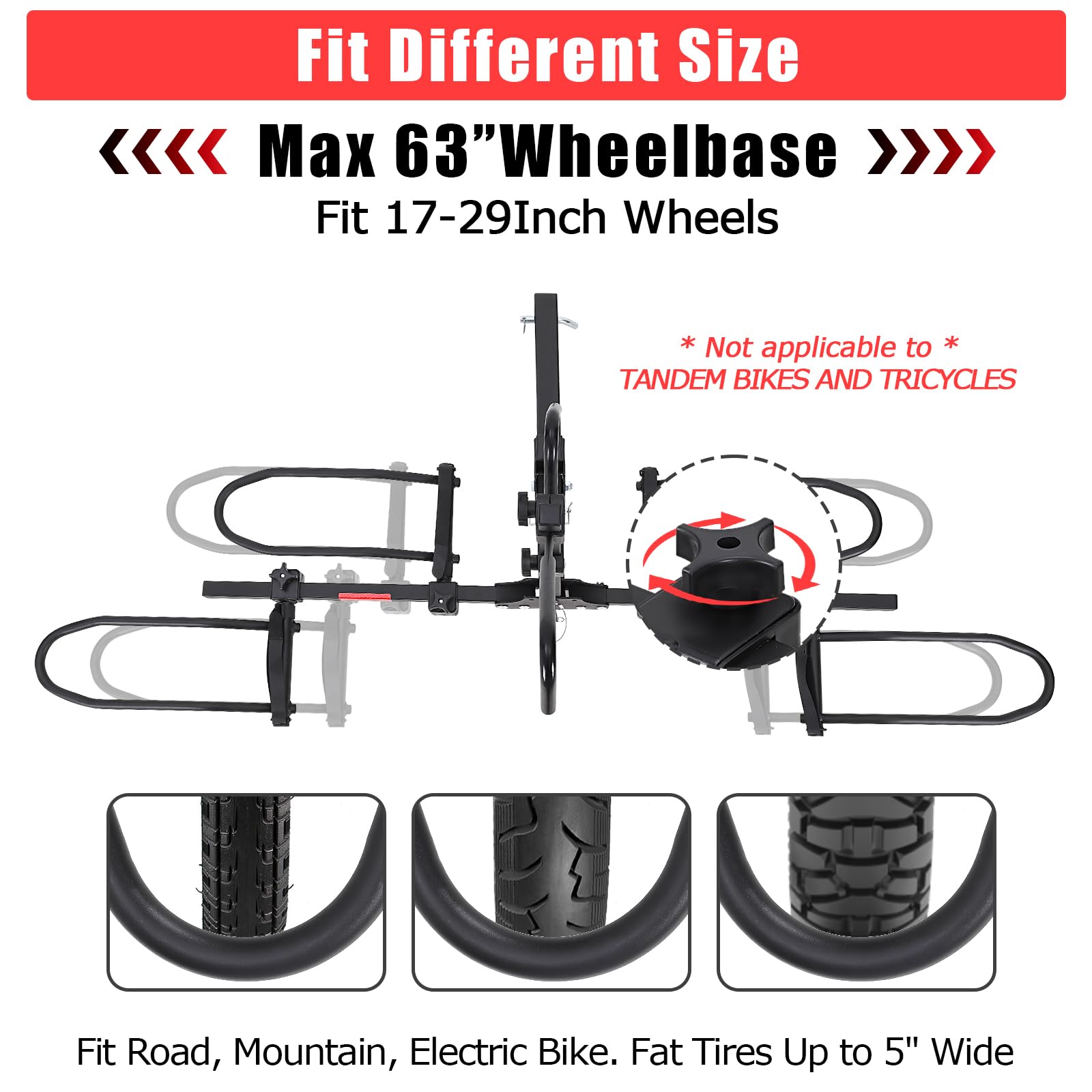Garvee Portabicicletas Plegable de Enganche para 2 Bicicletas, Soporte para E-Bikes y Fat Bikes de hasta 180 kg, Ajuste de Neumáticos de 5.5'' con Sistema Antioscilación para Coche y SUV, Negro