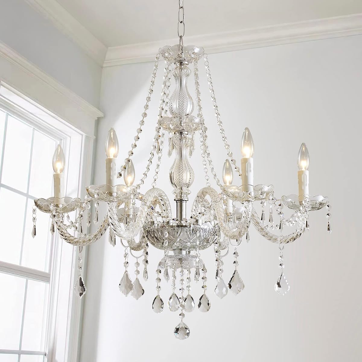 Saint Mossi Lámpara de araña de cristal K9 moderna de 6 luces, lámpara de techo de cristal transparente, lámpara colgante para comedor, baño, dormitorio, sala de estar