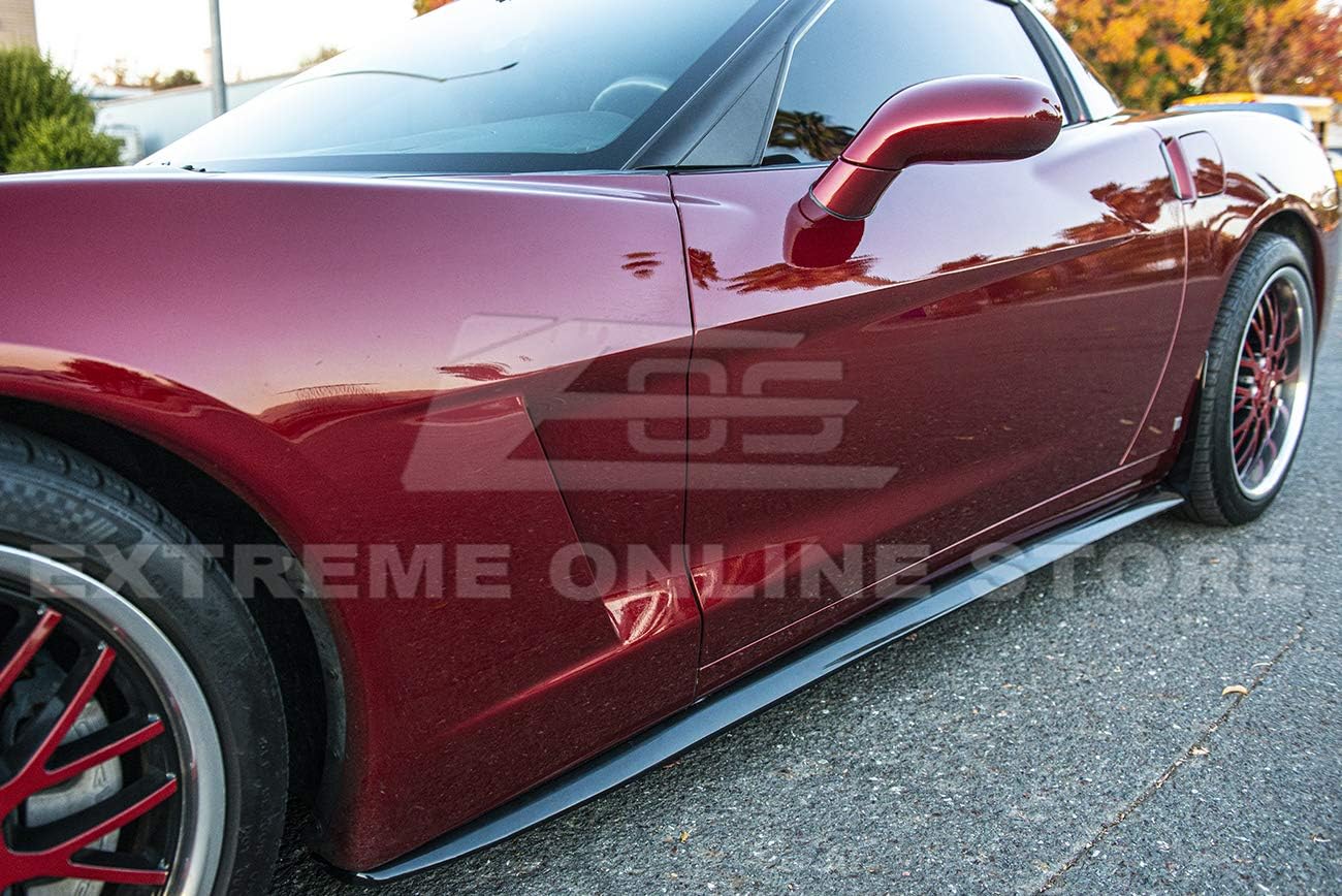 Replacement for 2005-2013 Chevrolet Corvette C6 Base Models | ZR1 Style Side Skirts Rocker Panels Extension with Mud Flaps Pair (ABS Plastic - Glossy Black)