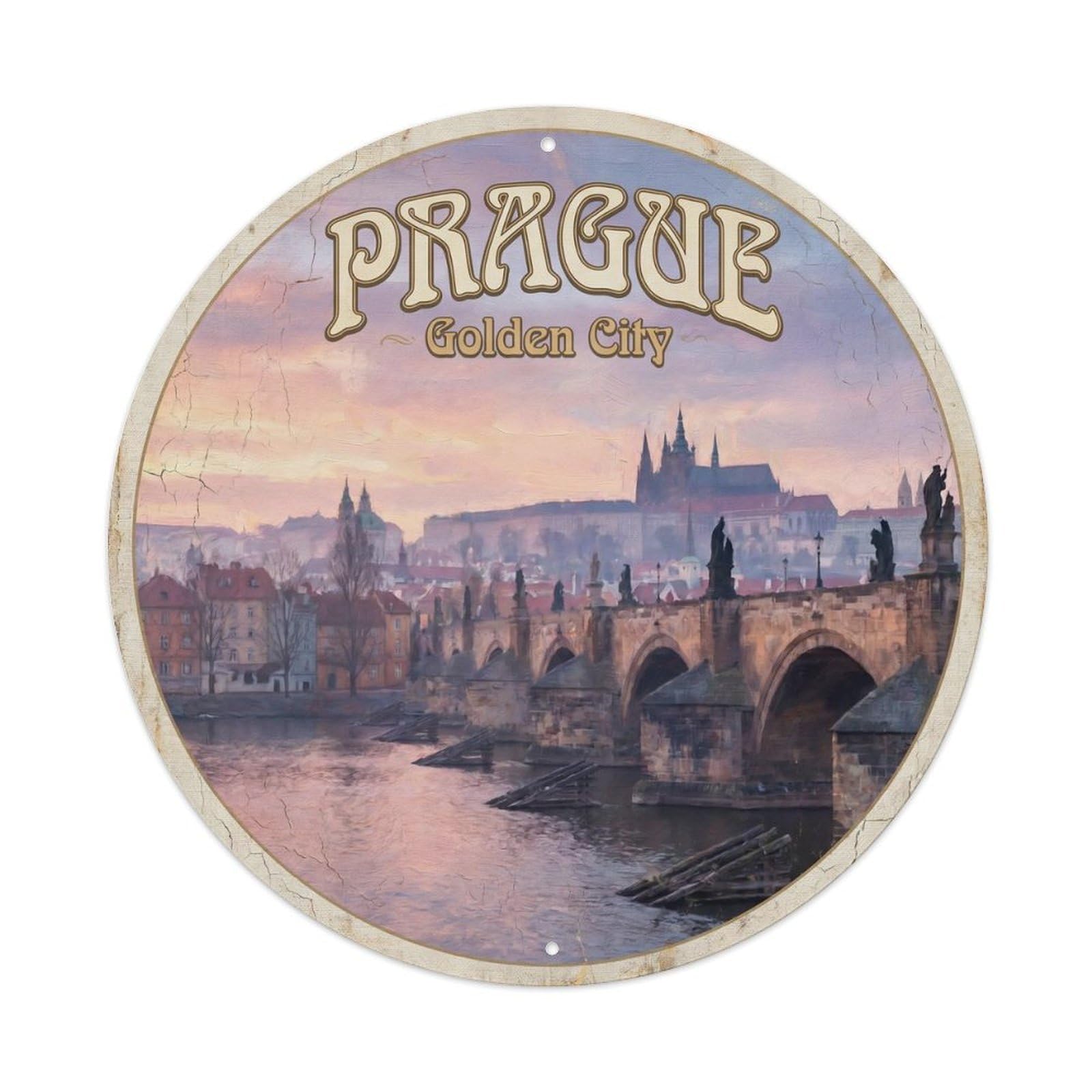 Yrnq Vintage Style Vintage Travel Prague Bridge Czech Vintage Metal Tin Sign Plaque Wall Decor For Cafe, Club, Garden Round Metal Poster 8X8inch